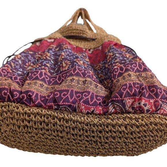 Woven Straw Boho Tote Shoulder Cinch Bag Drawstring Closure Geometric Pattern - Picture 5 of 14